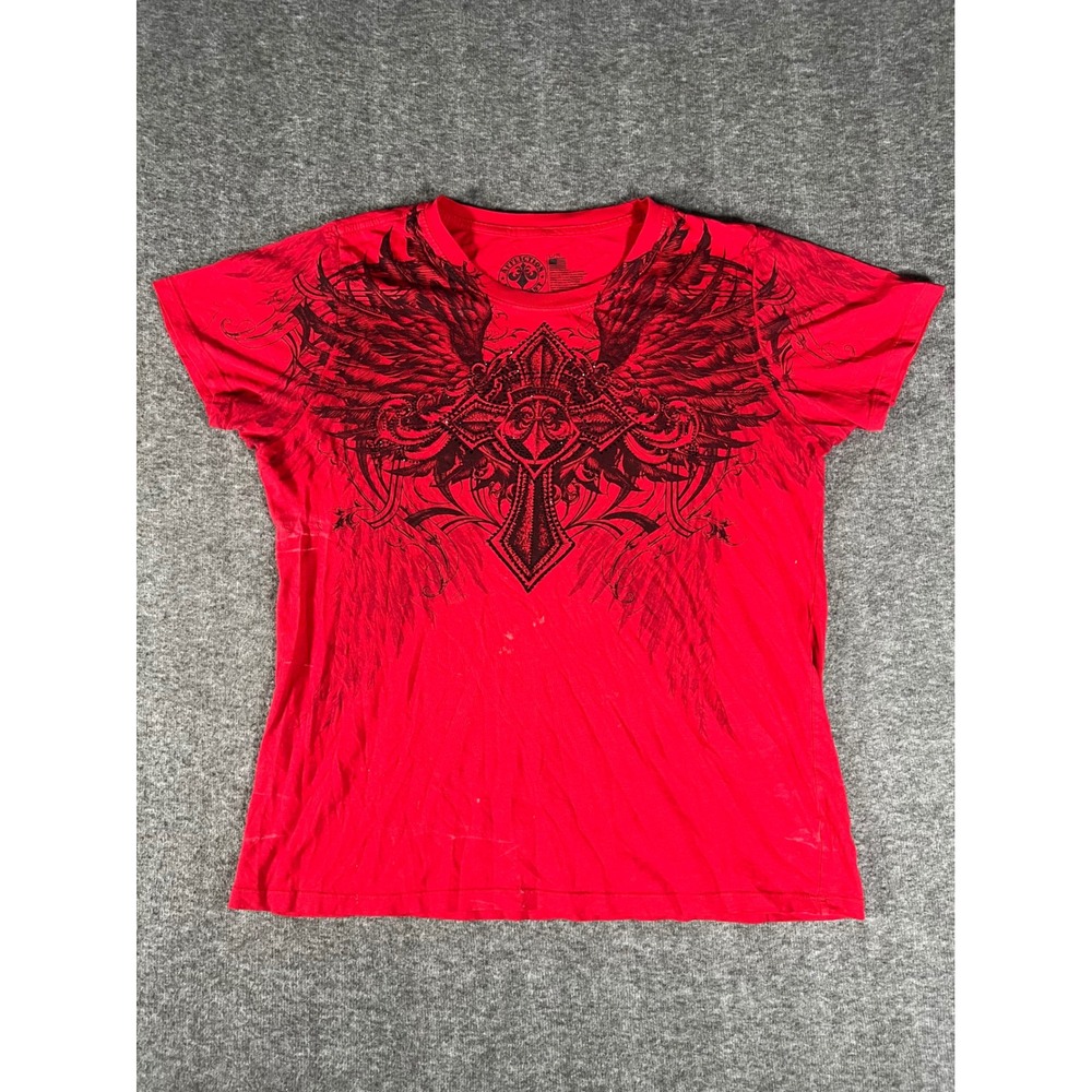 Vintage Affliction Winged Angel Cross T-Shirt Red Y2K Graphic Tee XL